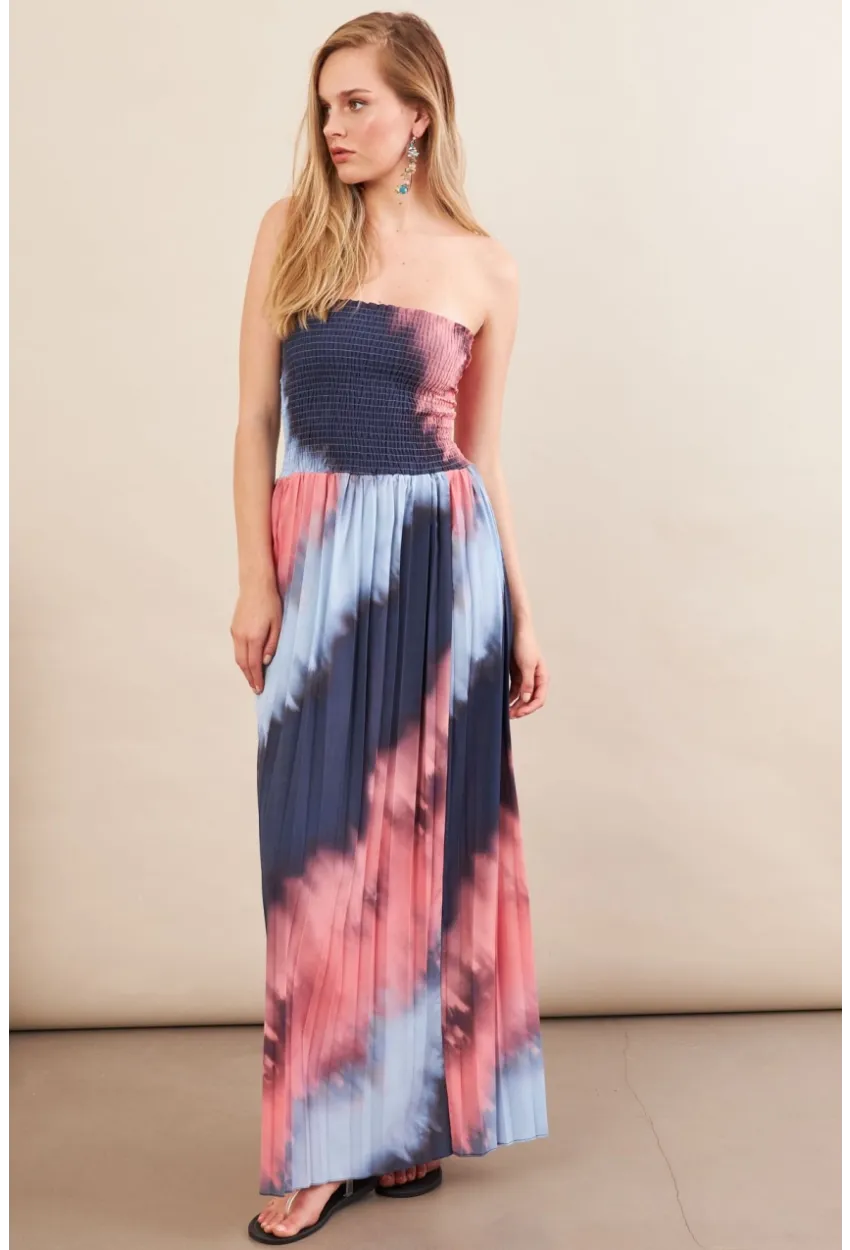 Kadın İndigo-Pudra Straplez Pilise Uzun Elbise MSİ100