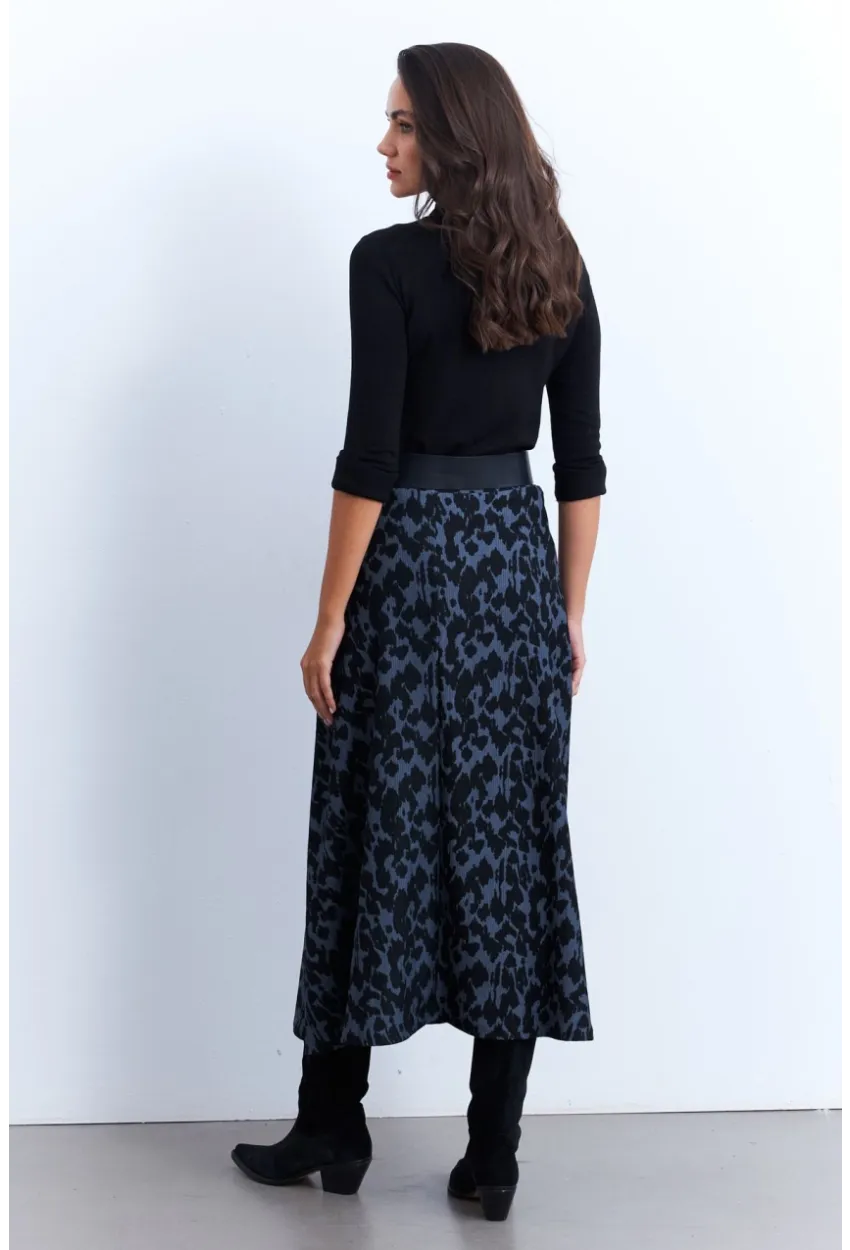 Kadın İndigo-Siyah Desenli Çan Etek LON3007