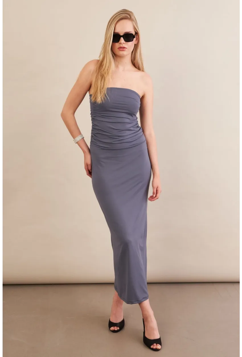 Kadın İndigo Straplez Büzgülü Midi Elbise MX2005