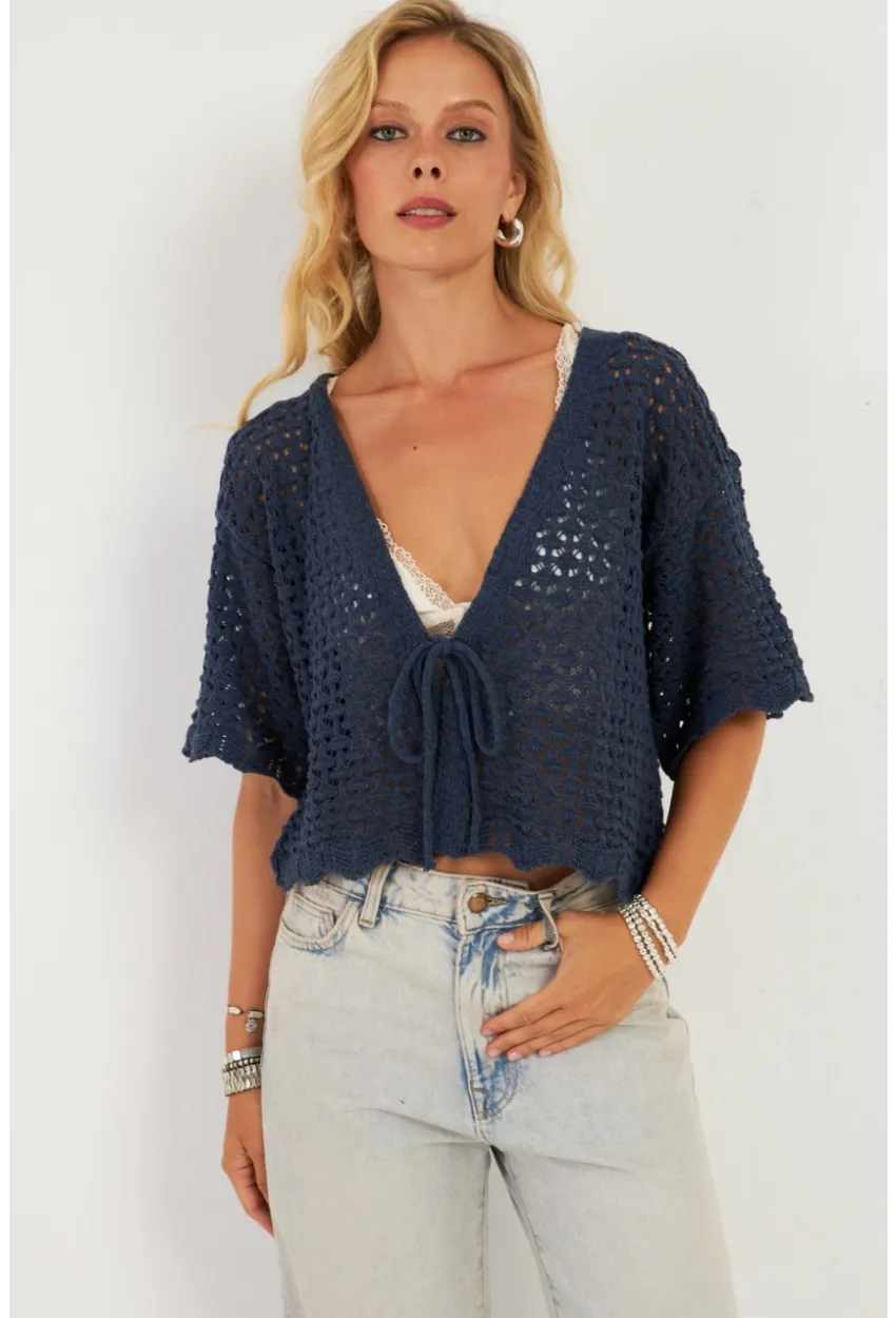 Kadın İndigo Triko Ajurlu Hırka YV255