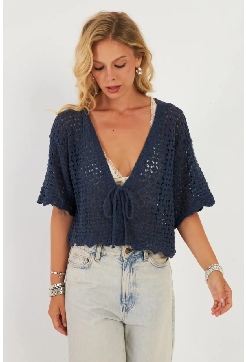 Kadın İndigo Triko Ajurlu Hırka YV255