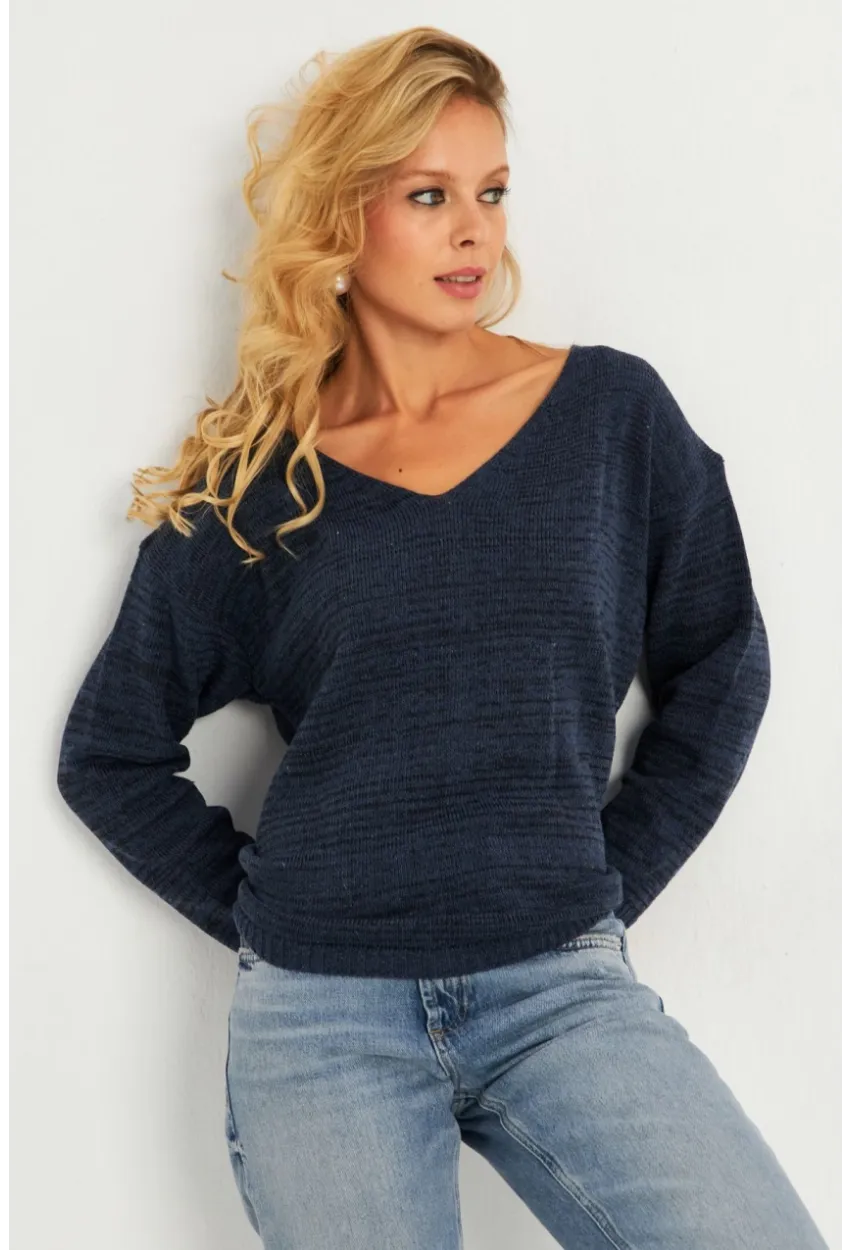 Kadın İndigo V Yaka Triko Bluz YV282
