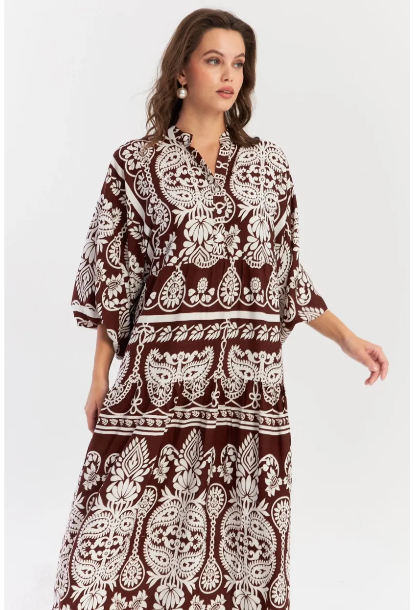 Kadın Kahve-Beyaz Etnik Desenli Maxi Dokuma Elbise ALO325
