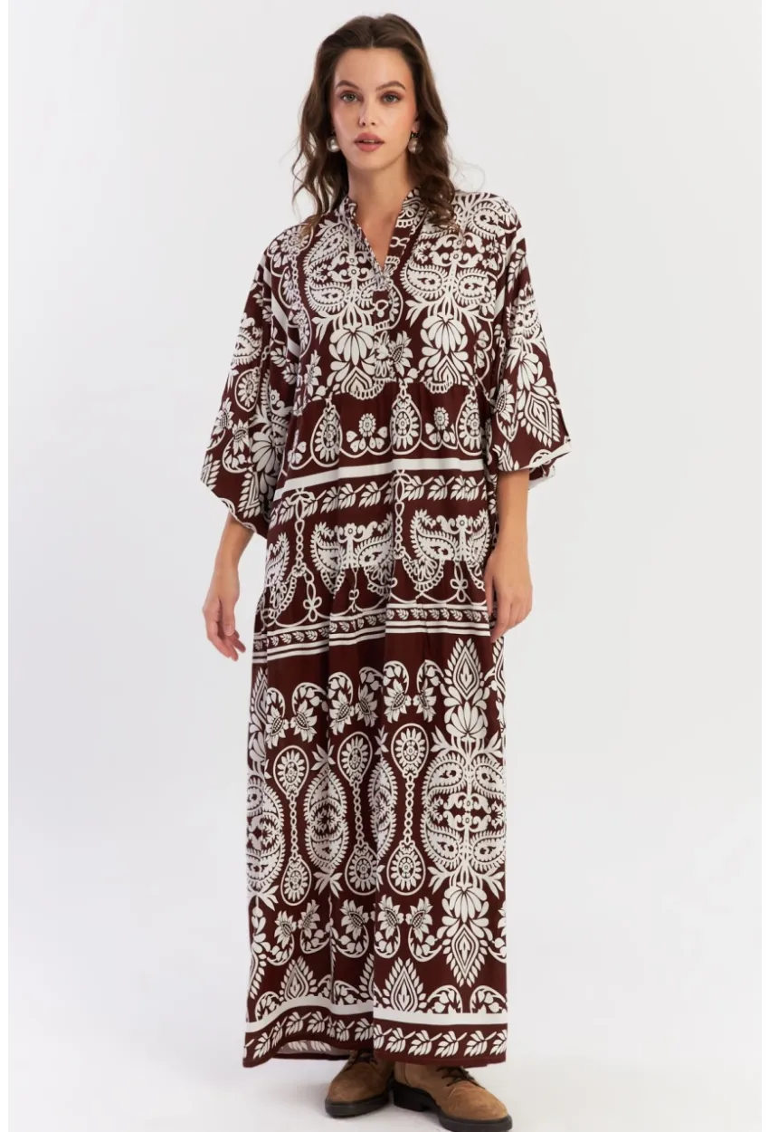 Kadın Kahve-Beyaz Etnik Desenli Maxi Dokuma Elbise ALO325