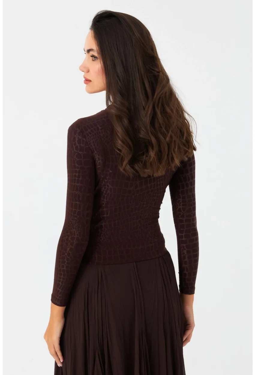 Kadın Kahve Desenli Büzgülü Bluz LPP1279