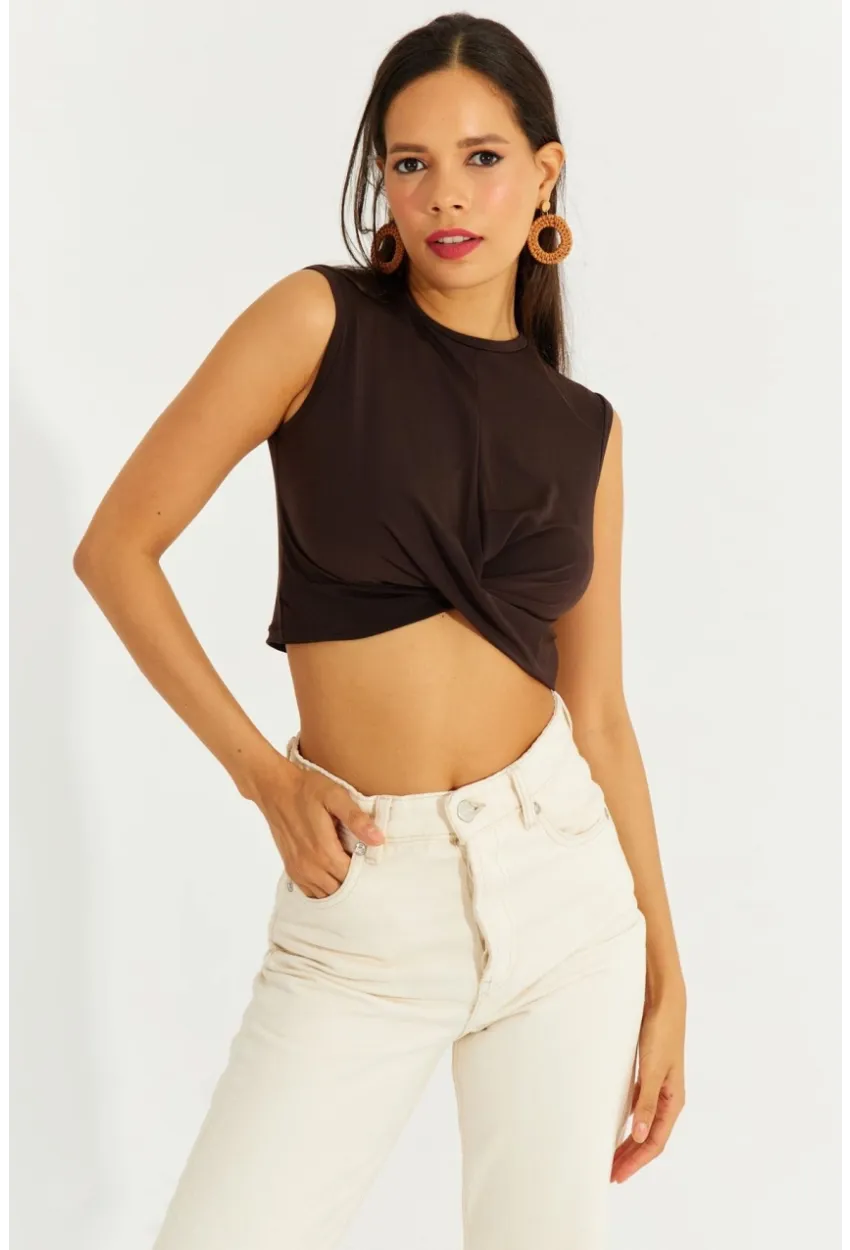 Kadın Kahve Önü Düğümlü Crop Bluz SDY2018