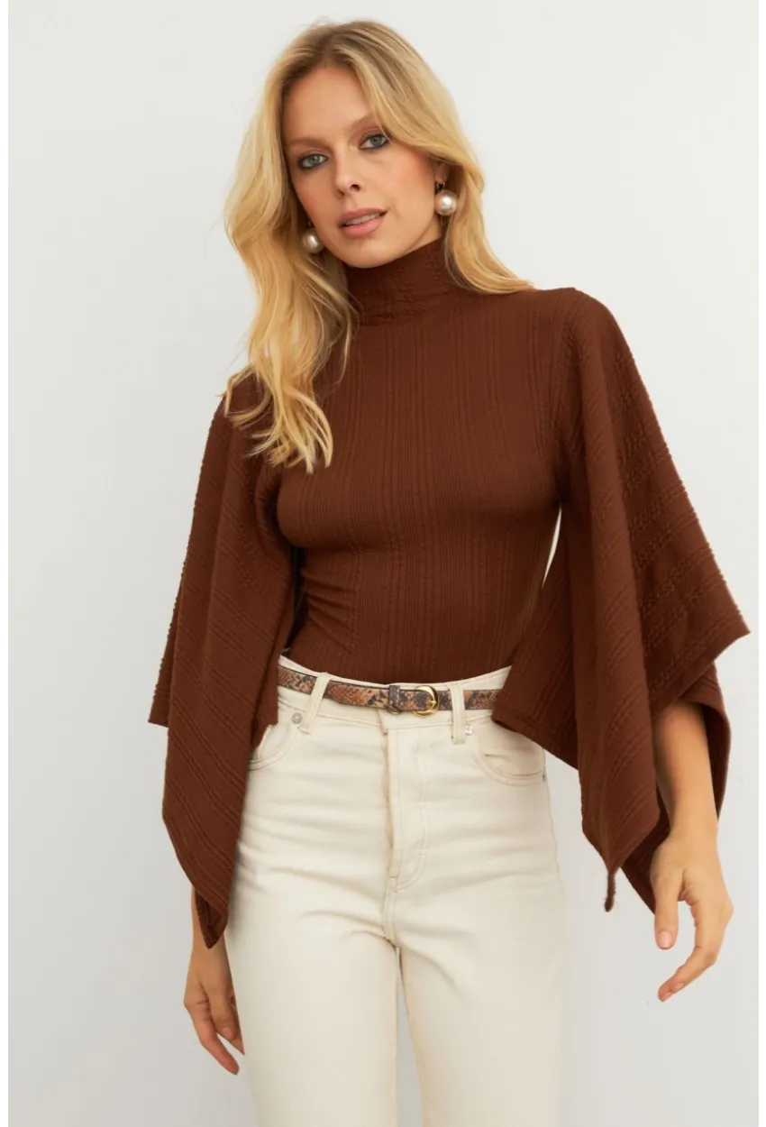 Kadın Kahve Yarasa Kol Balıkçı Bluz MTF32