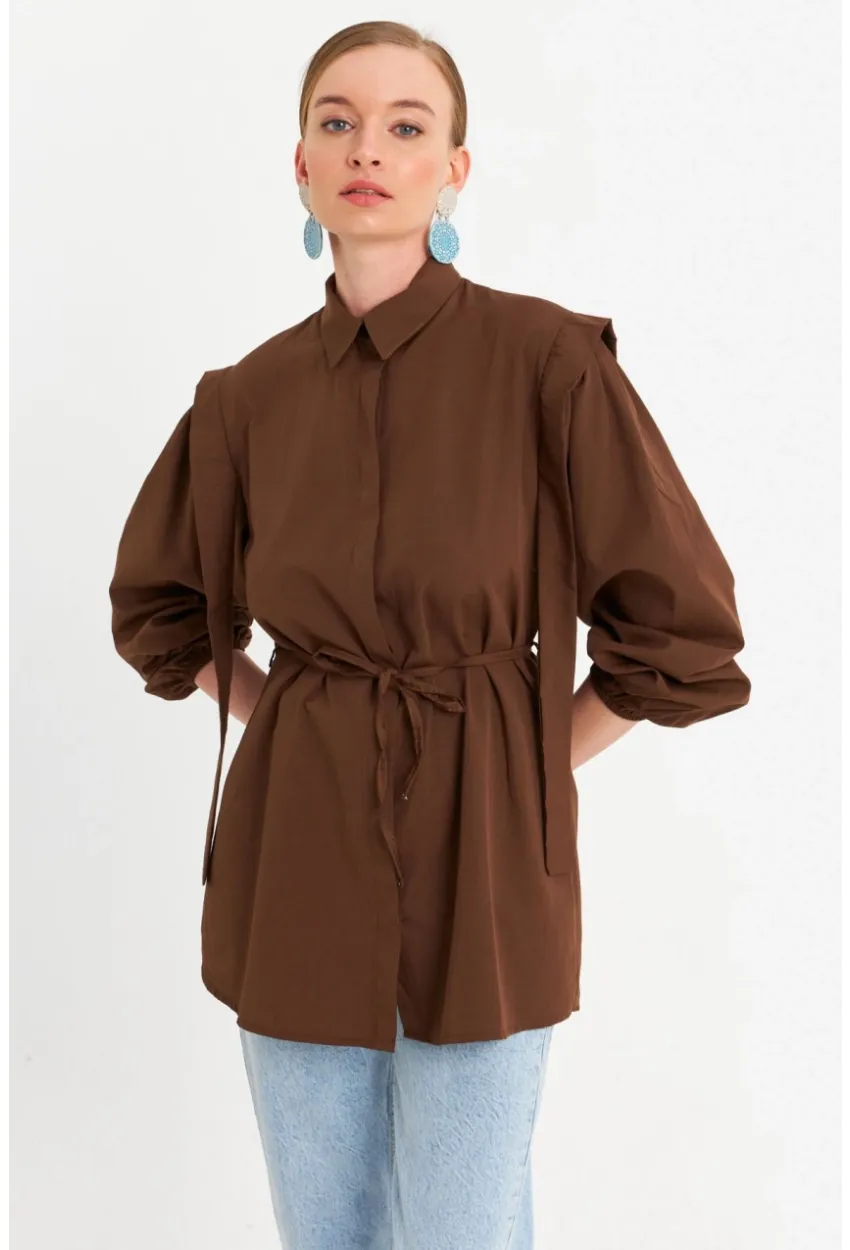 Kadın Kahverengi Bağlama Detaylı Basic Gömlek MASF185