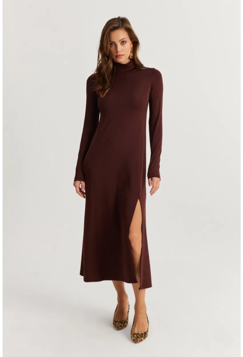 Kadın Kahverengi Balıkçı Yaka Midi Elbise HOR15