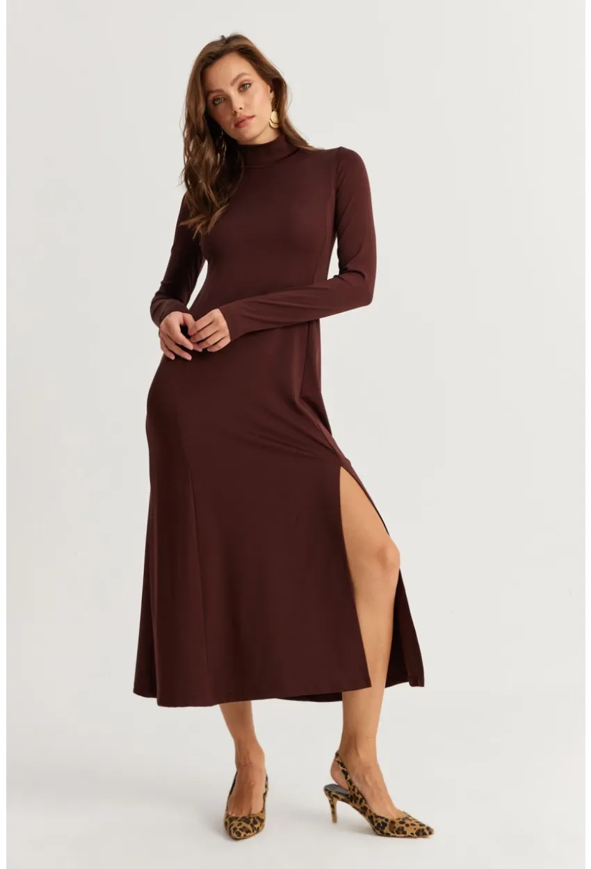 Kadın Kahverengi Balıkçı Yaka Midi Elbise HOR15