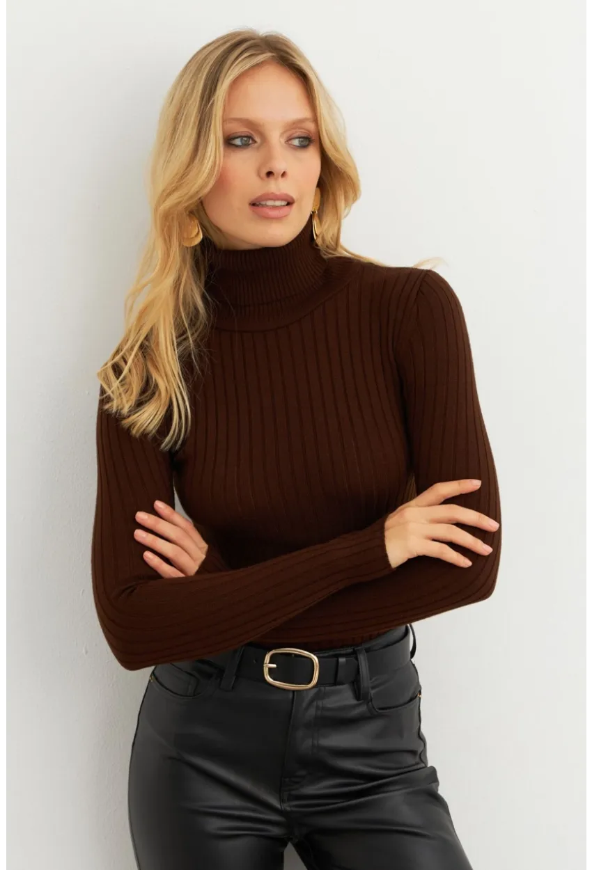 Kadın Kahverengi Balıkçı Yaka Triko Bluz MYV102-90