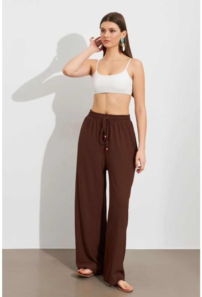 Kadın Kahverengi Beli Lastikli Bürümcük Pantolon ROP105
