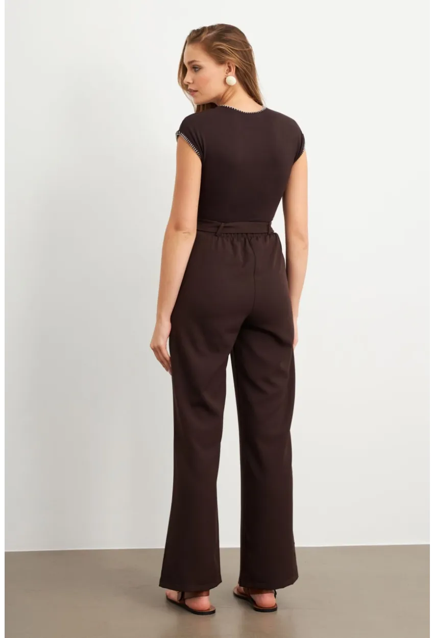 Kadın Kahverengi Beli Lastikli Kuşaklı Pantolon FLU7251