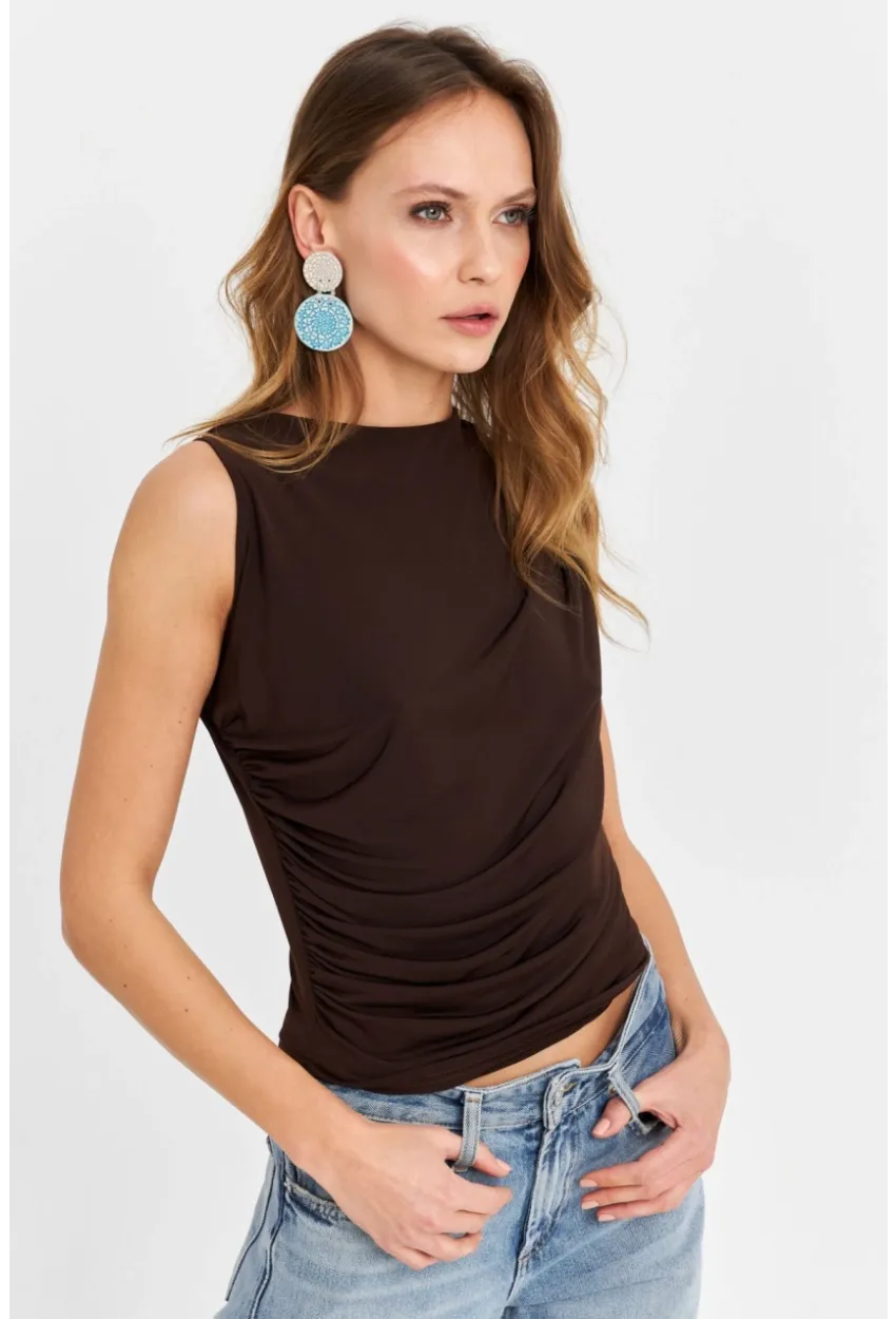 Kadın Kahverengi Büzgülü Bluz YZ625