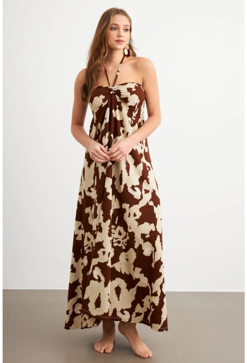 Kadın Kahverengi Büzgülü Desenli Midi Elbise KAB304