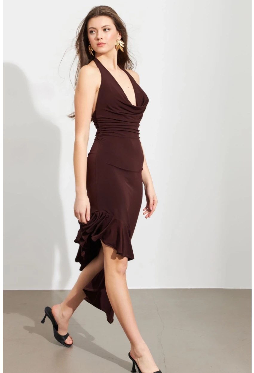Kadın Kahverengi Degaje Asimetrik Midi Elbise İRE1436