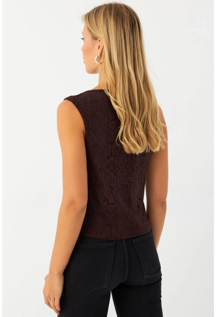 Kadın Kahverengi Degaje Yaka Kolsuz Bluz LPP1297