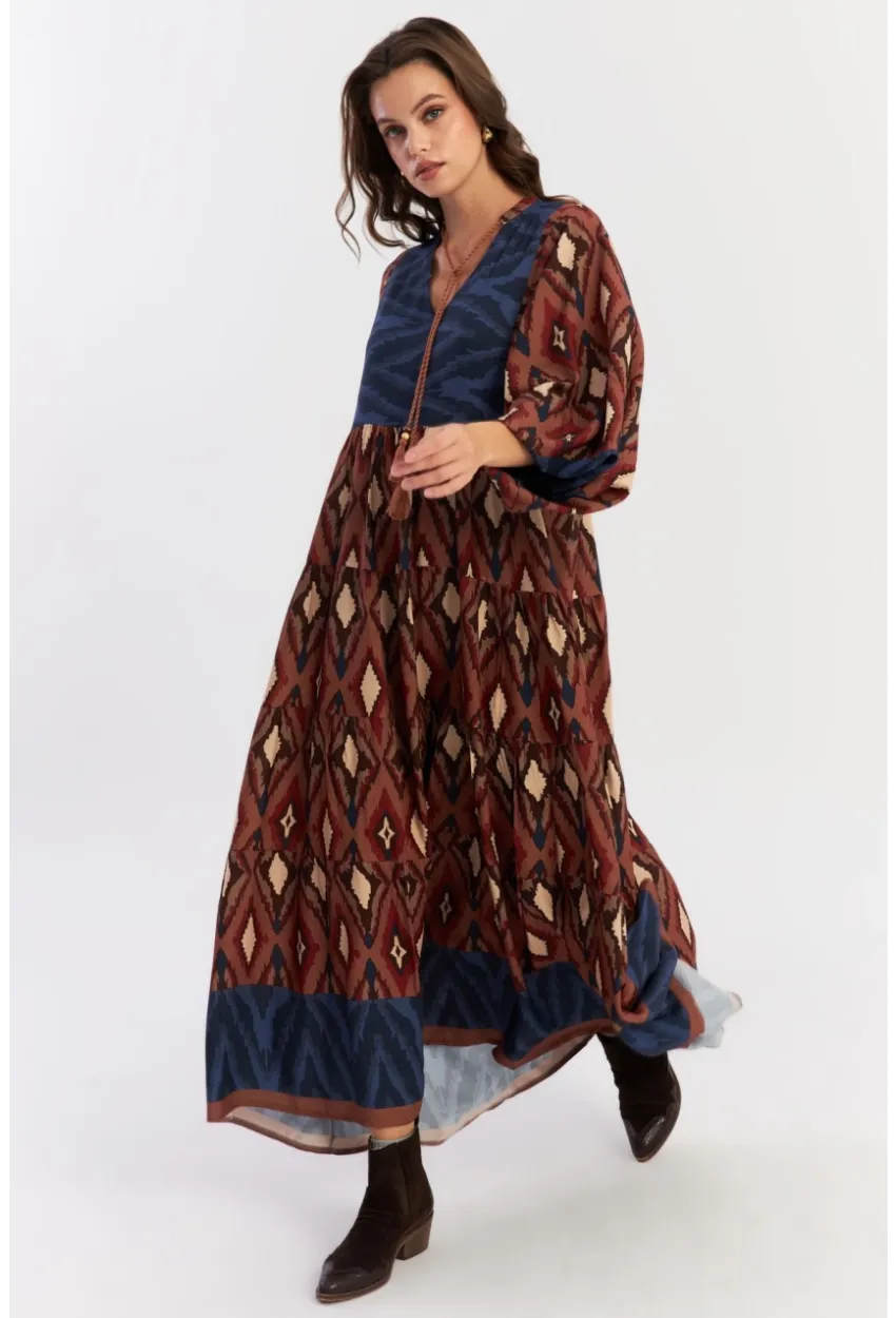 Kadın Kahverengi Desenli Dokuma Maxi Elbise ALO235
