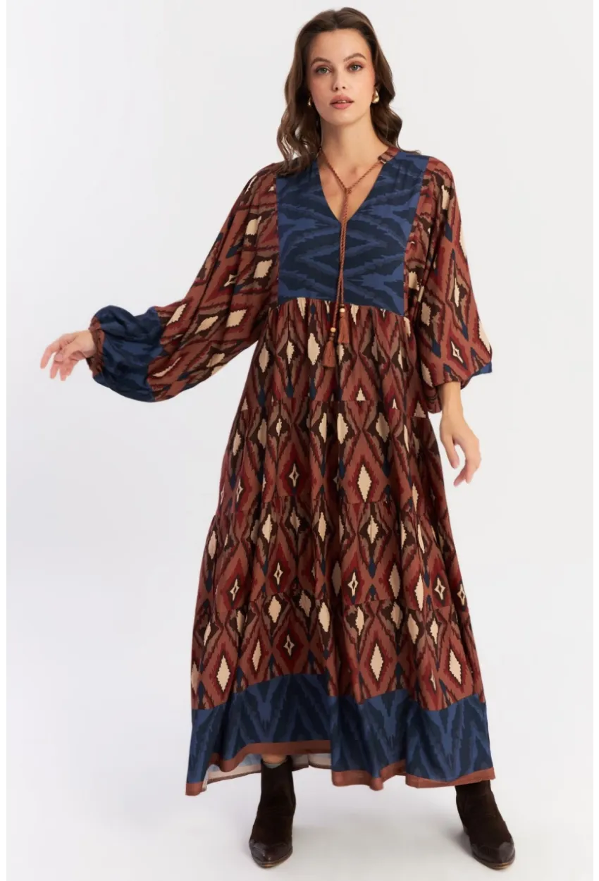 Kadın Kahverengi Desenli Dokuma Maxi Elbise ALO235