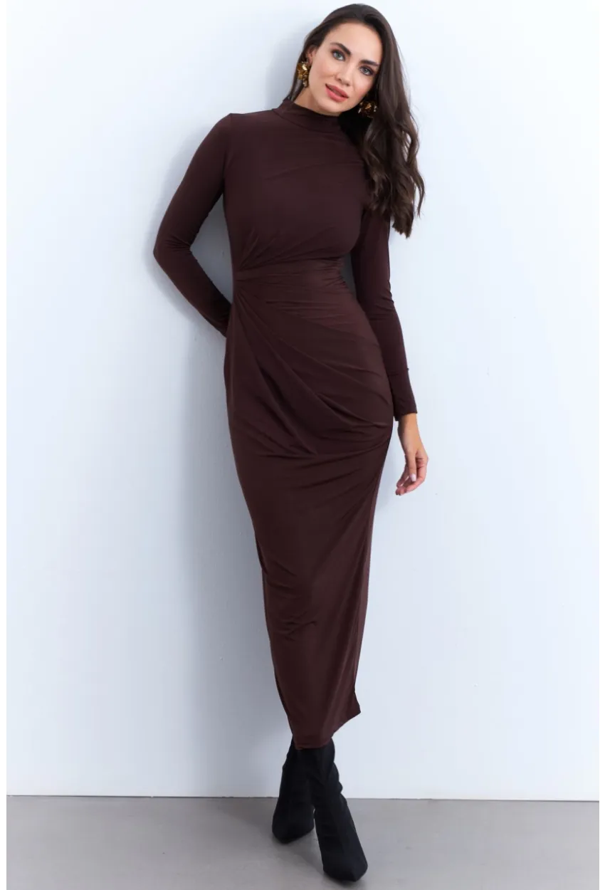 Kadın Kahverengi Drapeli Maxi Elbise LİK12