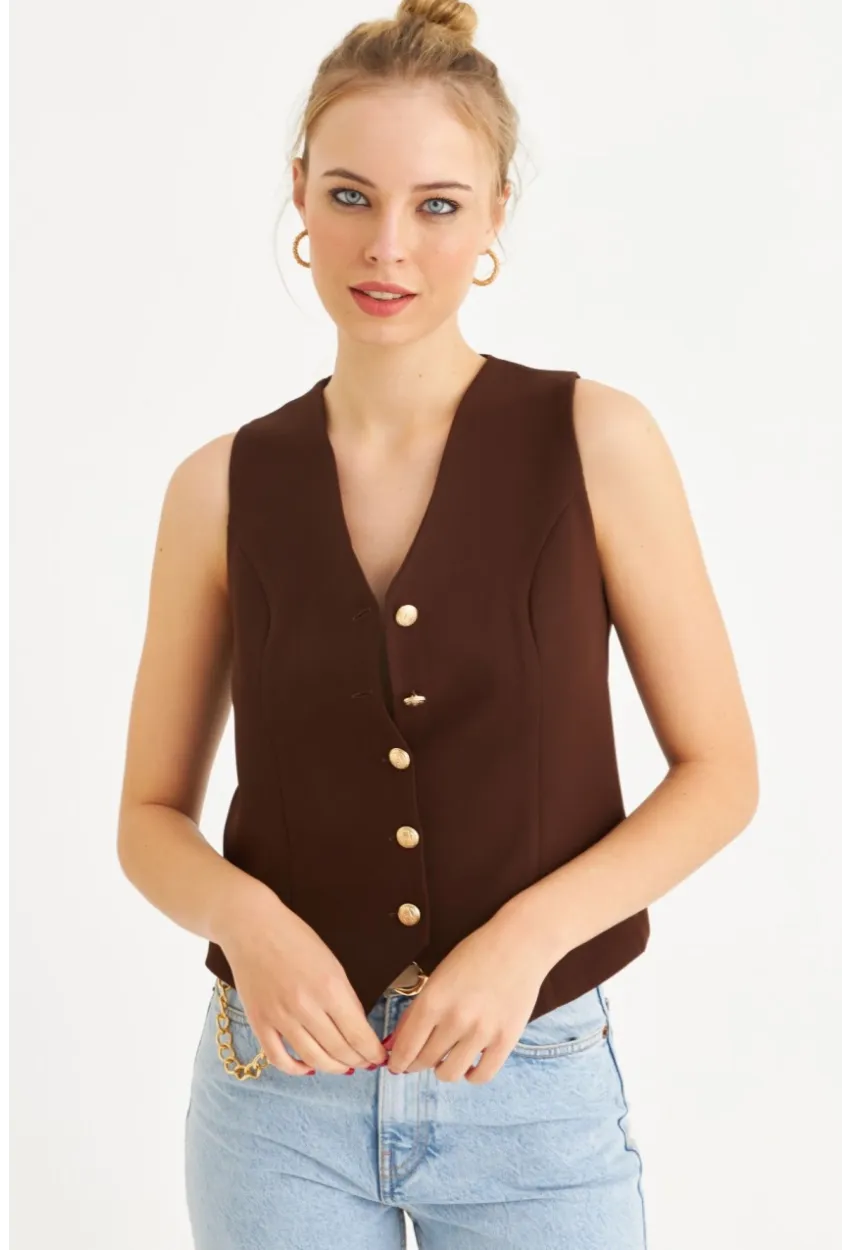 Kadın Kahverengi Düğme Detaylı Astarlı Yelek SGT410