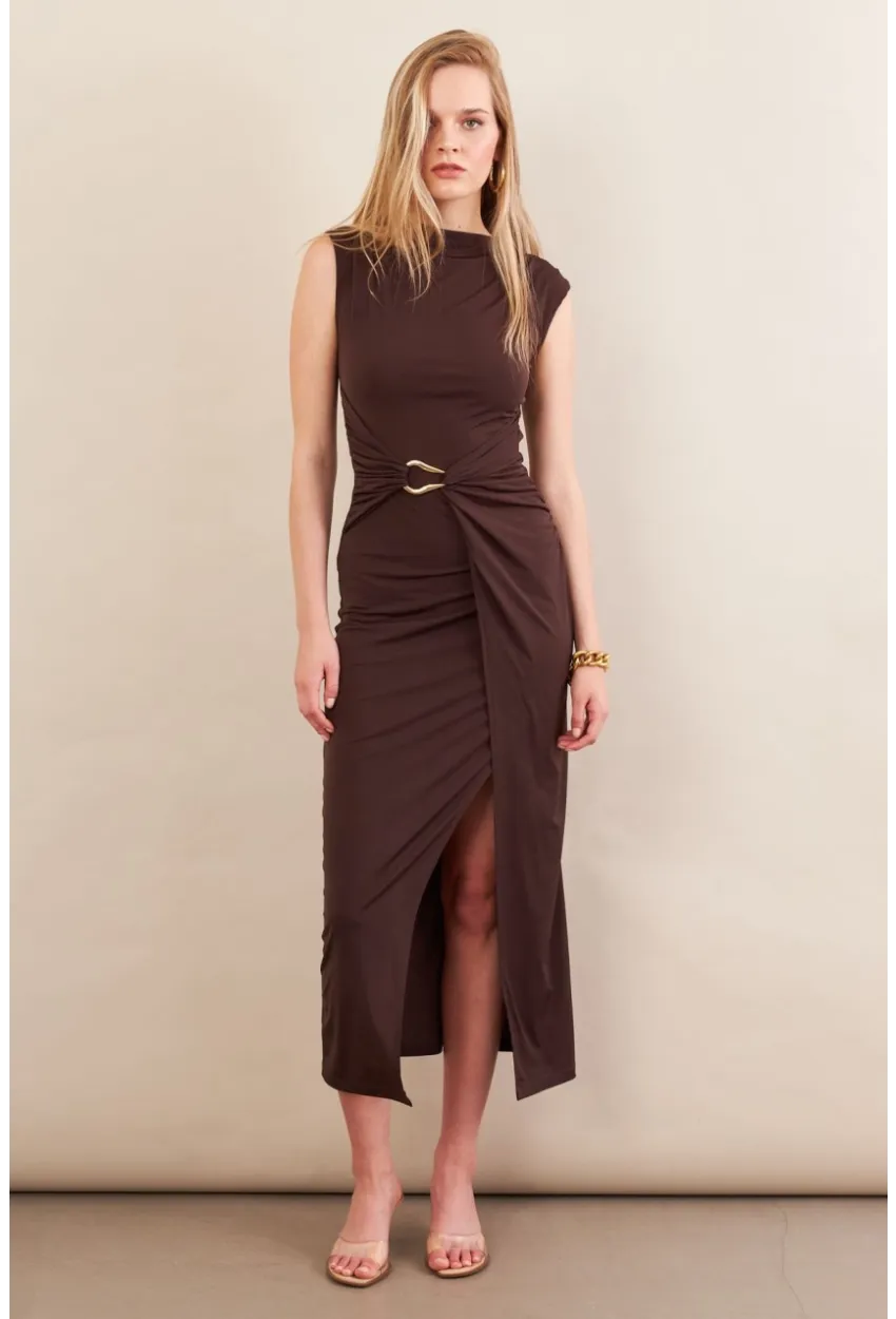 Kadın Kahverengi Eteği Kruvaze Tokalı Midi elbise KED7340