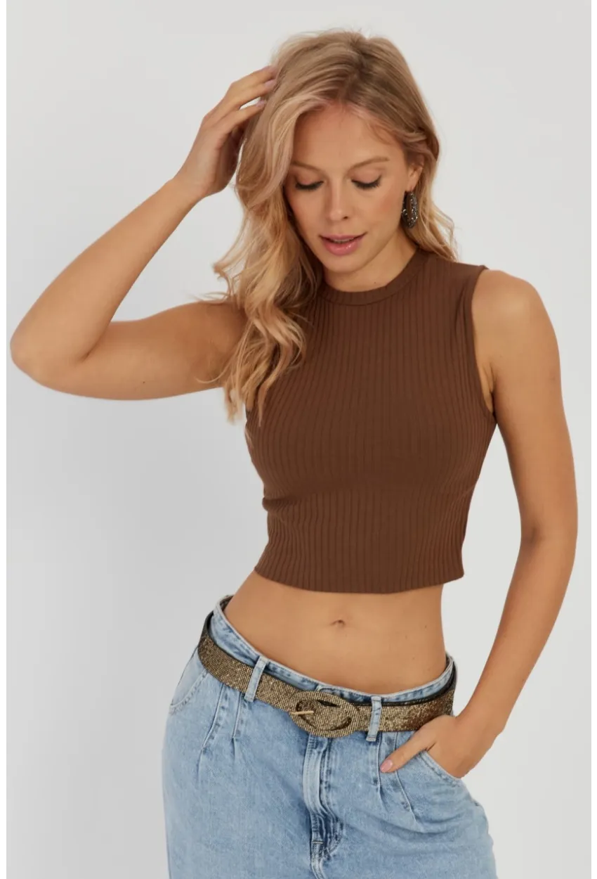 Kadın Kahverengi Fitilli Crop Bluz LPP1262