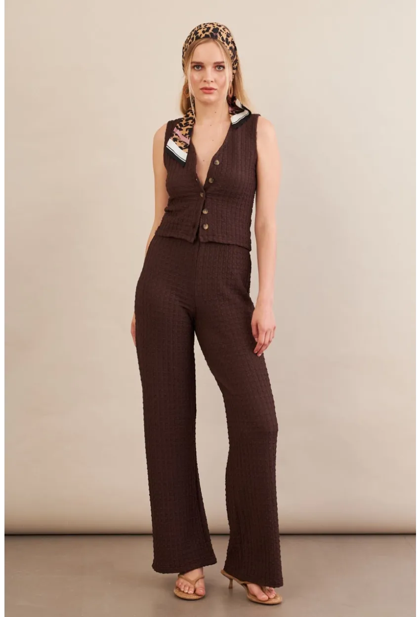 Kadın Kahverengi Gofre Yelek Pantalon Takım FLU330