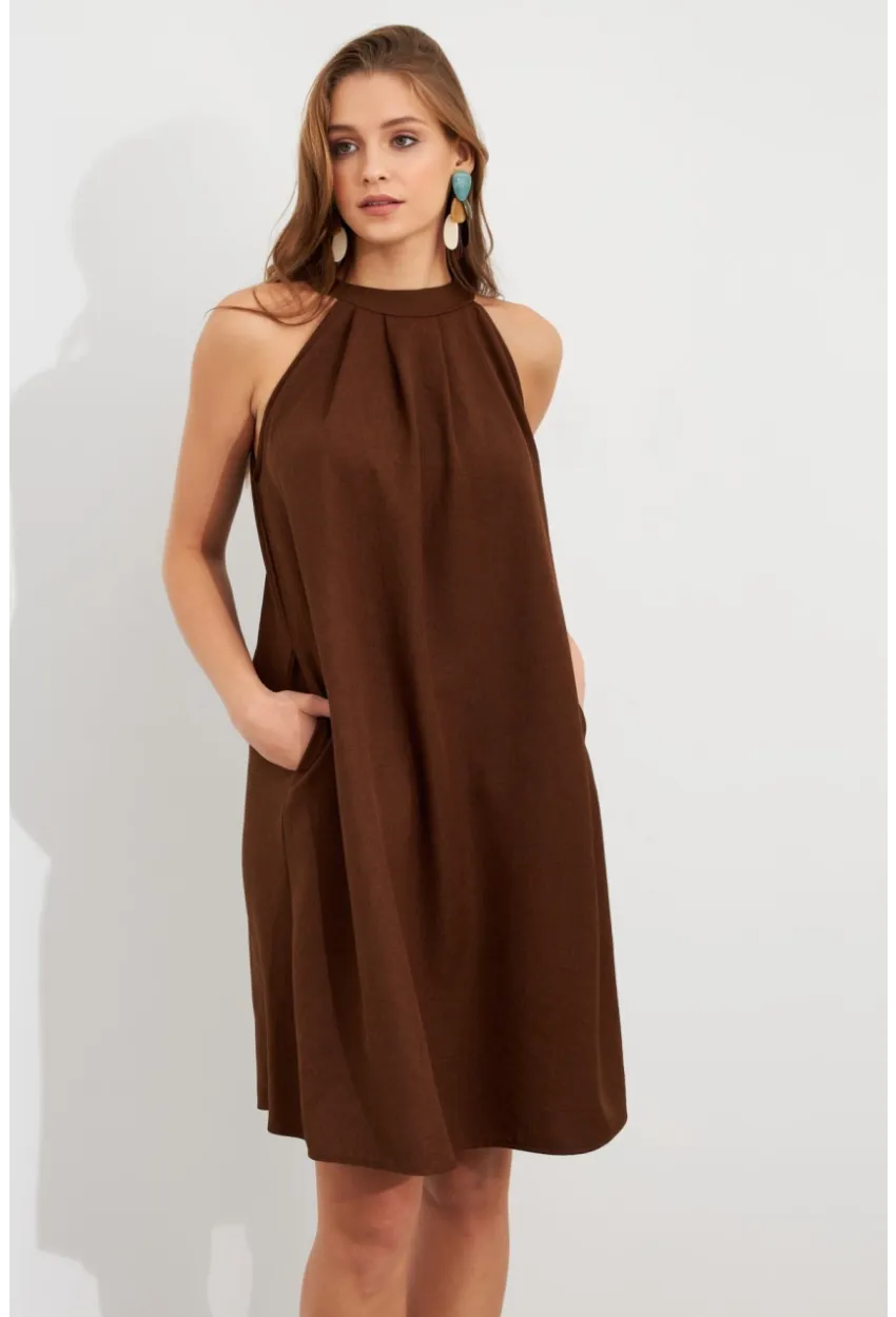 Kadın Kahverengi Halter Yaka Midi Elbise NH5029