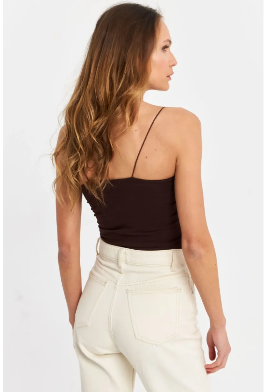 Kadın Kahverengi İp Askılı Crop Bluz EV63