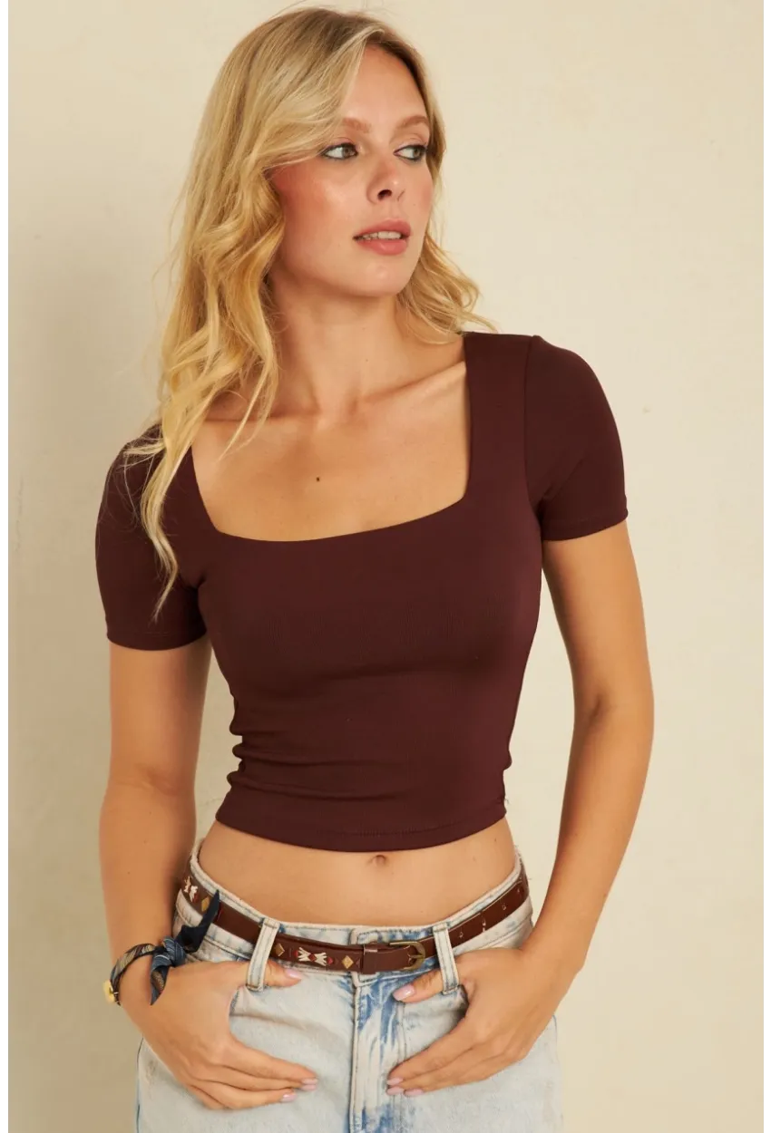 Kadın Kahverengi Kare Yaka Bluz AYD338