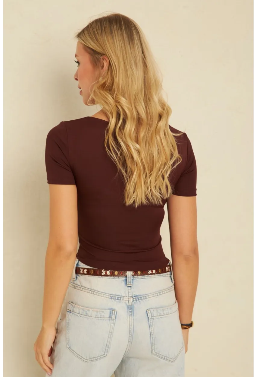 Kadın Kahverengi Kare Yaka Bluz AYD338