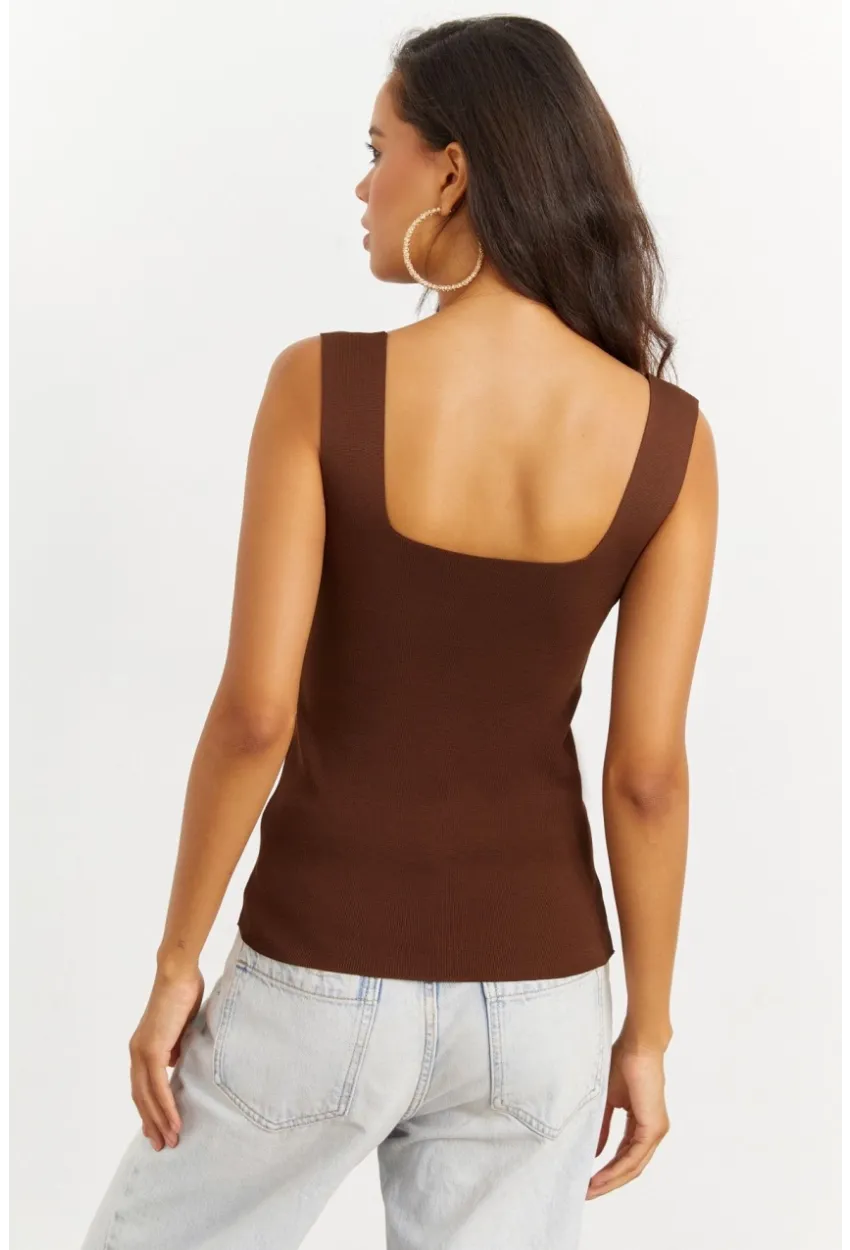 Kadın Kahverengi Kare Yaka Triko Bluz YV87