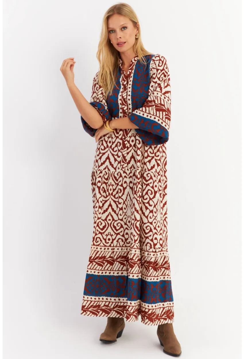 Kadın Kahverengi-Lacivert Volanlı Maxi Elbise MALO11