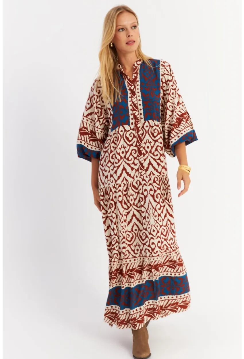 Kadın Kahverengi-Lacivert Volanlı Maxi Elbise MALO11