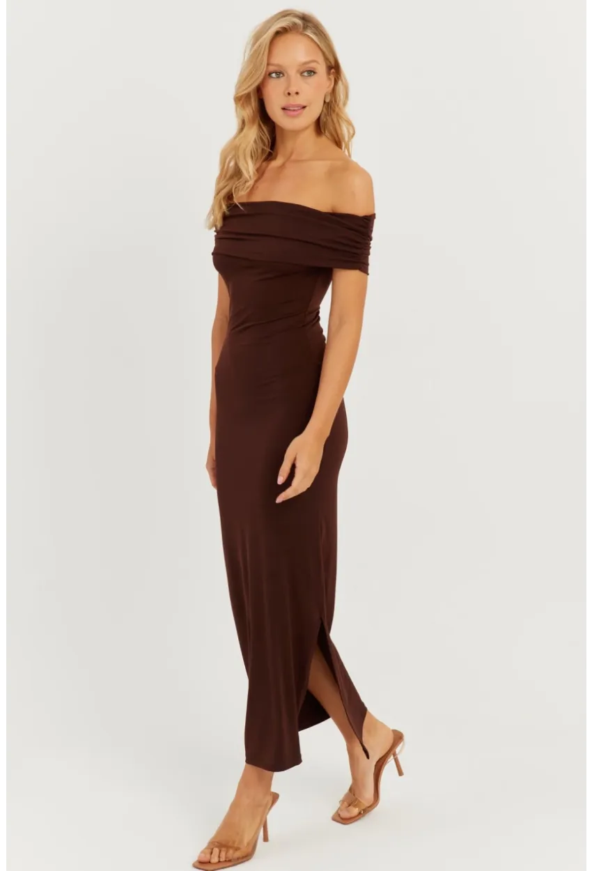 Kadın Kahverengi Madonna Yaka Midi Elbise DMR298