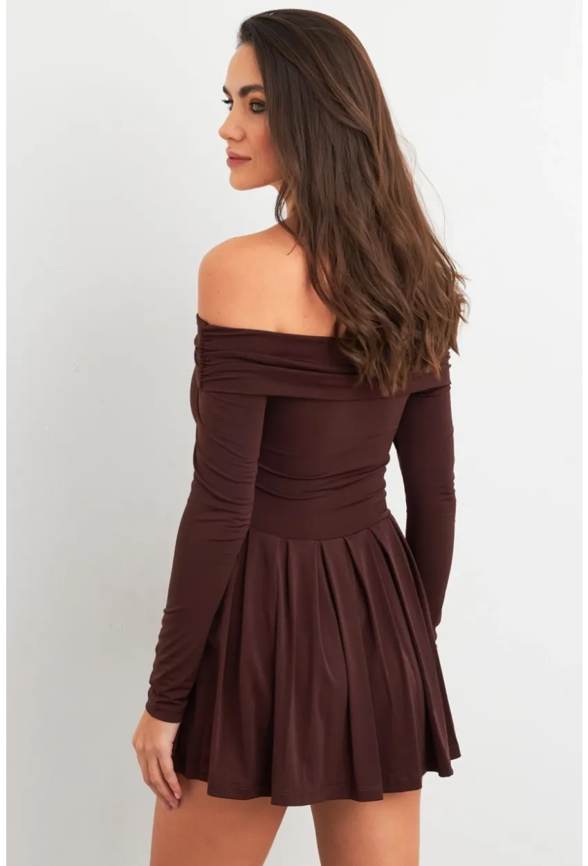 Kadın Kahverengi Madonna Yaka Midi Elbise MON1262