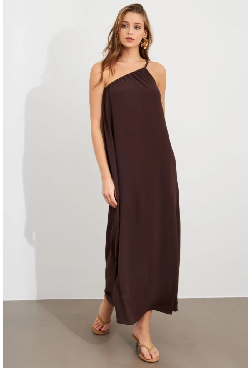 Kadın Kahverengi Tek Omuz Maxi Elbise İRE1012