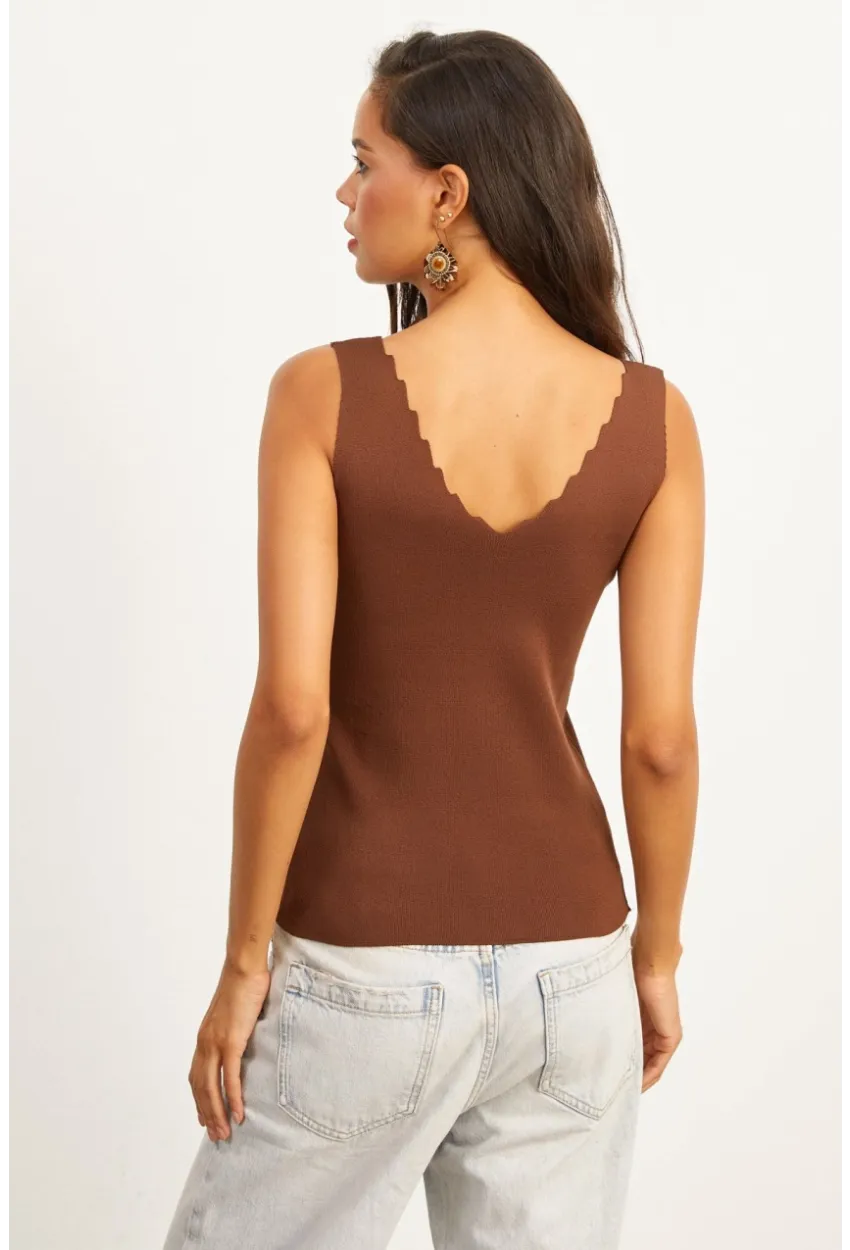 Kadın Kahverengi Merdiven Yaka Triko Bluz YV83