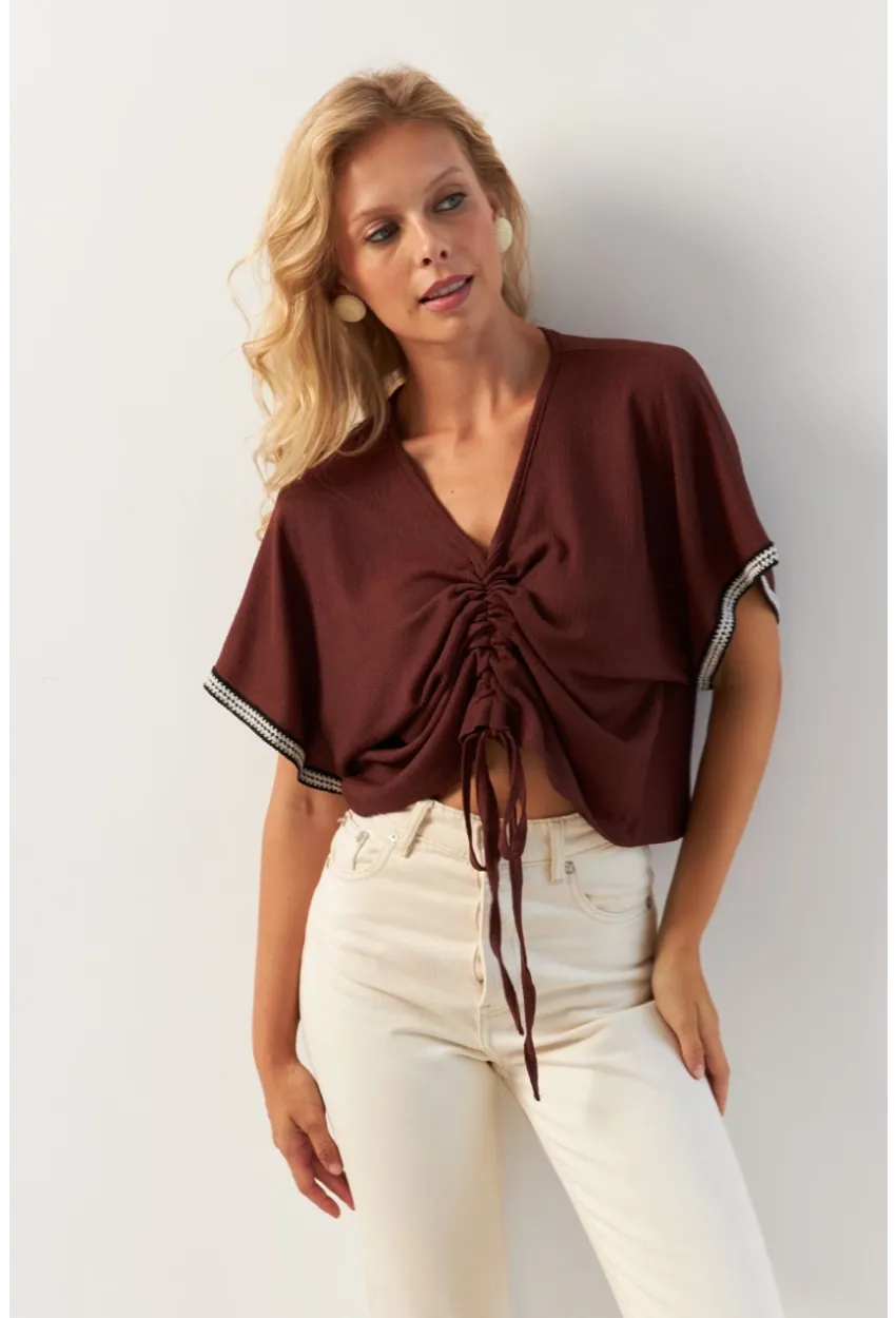 Kadın Kahverengi Önü Büzgülü Bluz XL2039