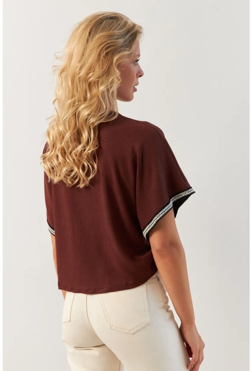 Kadın Kahverengi Önü Büzgülü Bluz XL2039