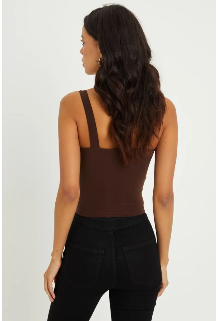 Kadın Kahverengi Önü Büzgülü Crop Bluz B189