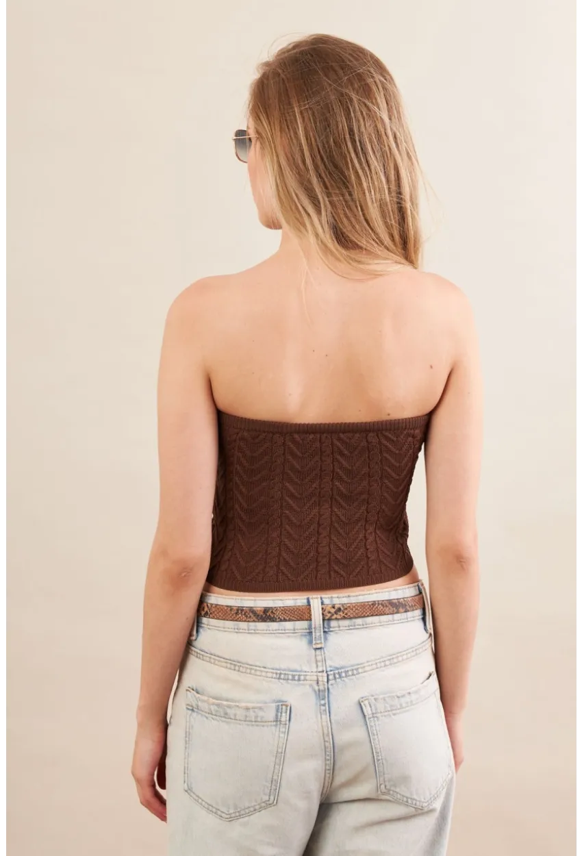 Kadın Kahverengi Straplez Triko Crop Bluz ZH049