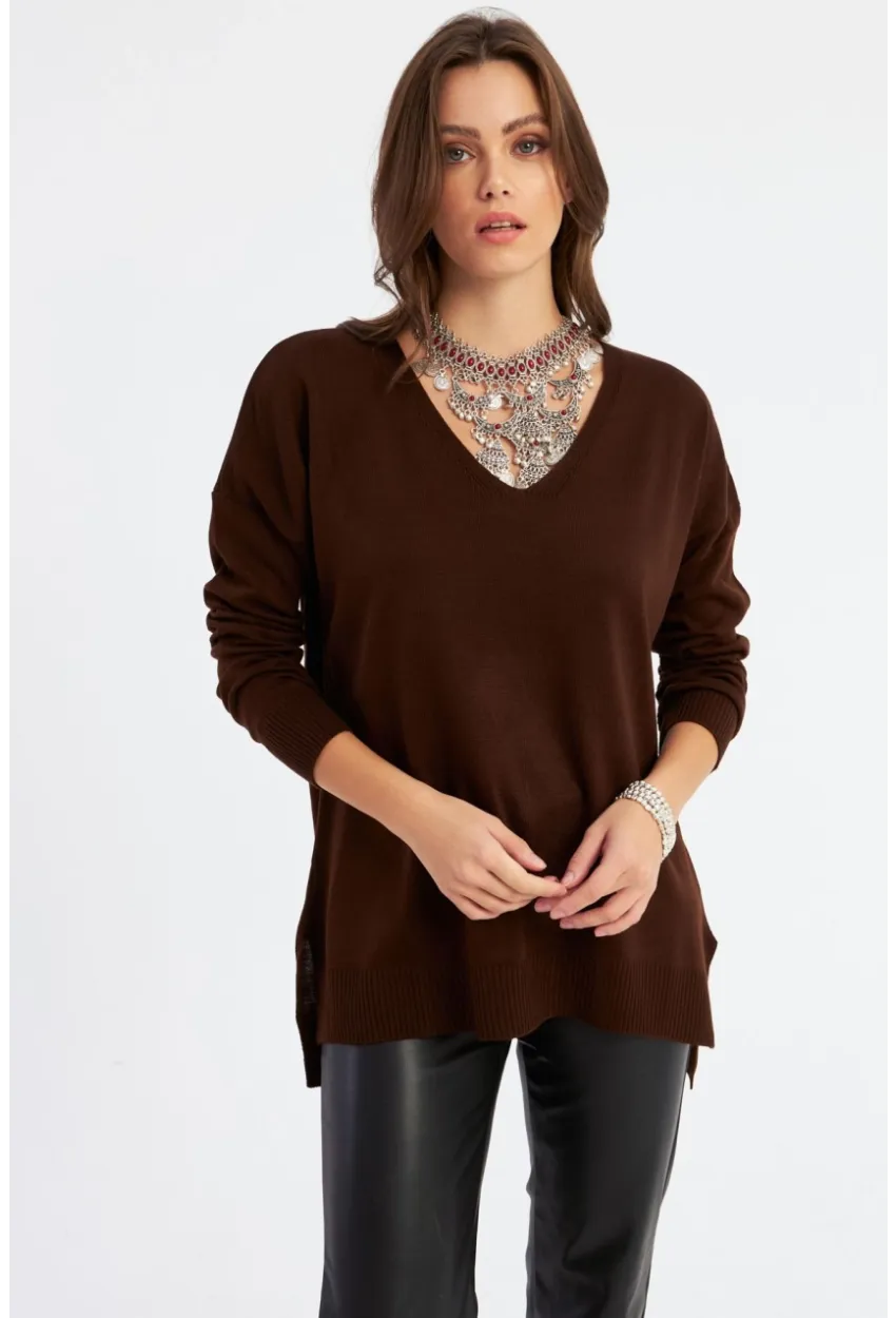Kadın Kahverengi V Yaka Triko Bluz YİL557