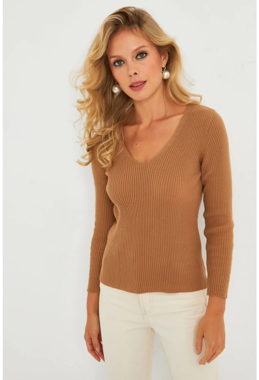 Kadın Kahverengi V Yaka Triko Bluz YV284
