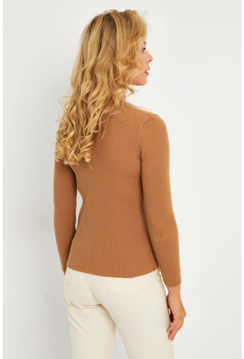 Kadın Kahverengi V Yaka Triko Bluz YV284