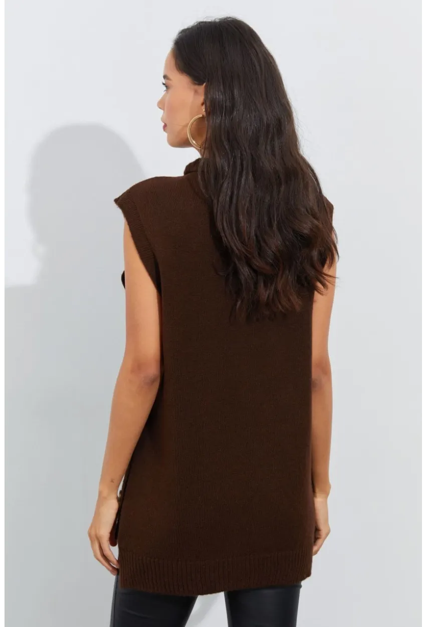 Kadın Kahverengi Yanları Düğmeli Kolsuz Triko Tunik YV75
