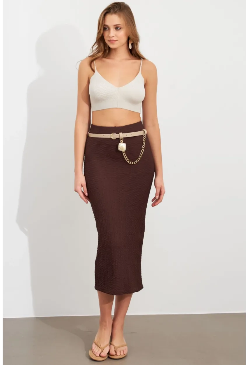Kadın Kahverengi Yırtmaçlı Bürümcük Midi Etek ZH329