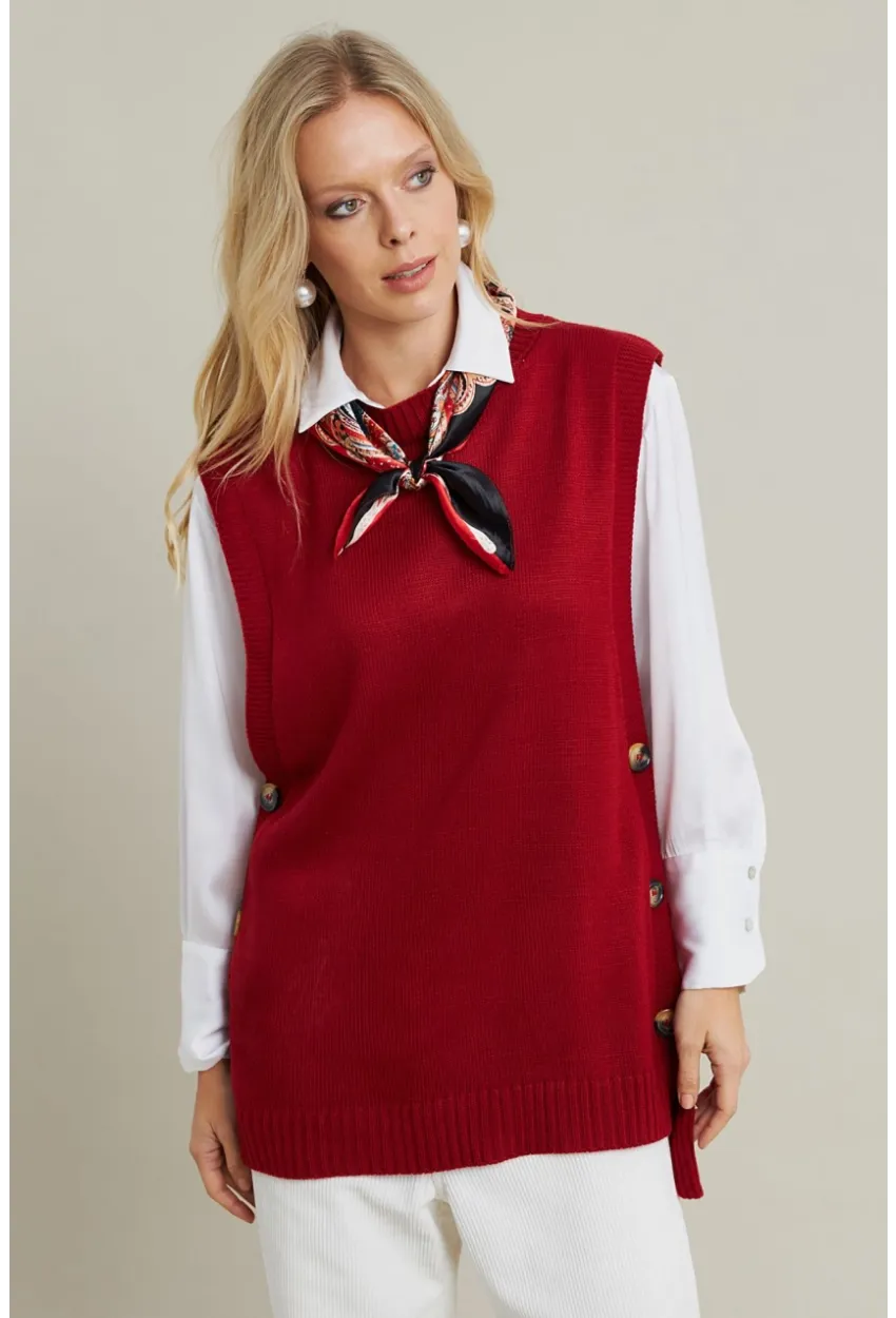 Kadın Kiremit Yanları Düğmeli Kolsuz Triko Tunik MYV75