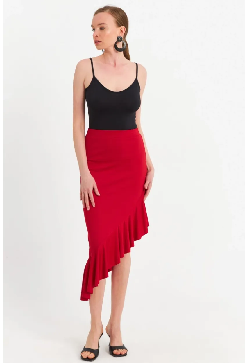 Kadın Kırmızı Asimetrik Pileli Etek EV741